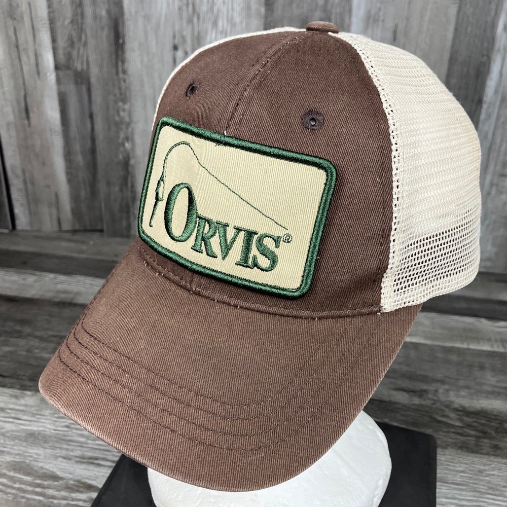 Orvis Brown Cream Mesh Trucker Hat Fly Fishing Patch Snapback Cap RN 70534